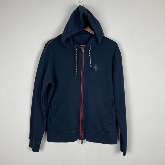 Ferrari Full Zip Hoodie Sweatshirt Mens XXL Black Red‎ Logo Piping Cotton - Picture 1 of 13